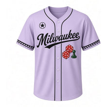 Load image into Gallery viewer, Board Game Night Milwaukee Baseball Jersey in Lucky Lavender, front view – red dice and a green game pawn graphic, custom name and number
