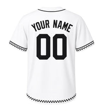 Load image into Gallery viewer, Board Game Night Milwaukee Baseball Jersey in Game Board White, back view with your name and number – custom block name and number with checkerboard sleeves