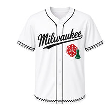 Load image into Gallery viewer, Board Game Night Milwaukee Baseball Jersey in Game Board White, front view – red dice and a green game pawn graphic, custom name and number