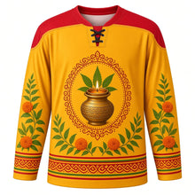 Load image into Gallery viewer, Bonalu Original Hockey Jersey in Turmeric Yellow, front view with themed artwork and clean crest