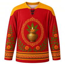 Load image into Gallery viewer, Bonalu Original Hockey Jersey in Kumkum Red, front view with themed artwork and clean crest