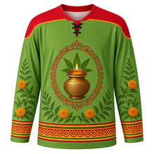 Load image into Gallery viewer, Bonalu Original Hockey Jersey in Neem Green, front view with themed artwork and clean crest