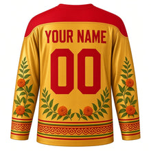 Load image into Gallery viewer, Bonalu Original Hockey Jersey in Brass Gold, back view with custom YOUR NAME and 00