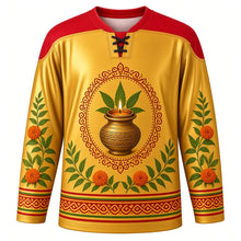 Load image into Gallery viewer, Bonalu Original Hockey Jersey in Brass Gold, front view with themed artwork and clean crest