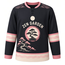 Load image into Gallery viewer, Bonsai Zen Garden Original Hockey Jersey in Ink Night, front view – elegant bonsai tree in a calm raked-sand zen garden with enso bonsai crest, custom name and number