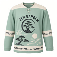 Load image into Gallery viewer, Bonsai Zen Garden Original Hockey Jersey in Misty Jade, front view – elegant bonsai tree in a calm raked-sand zen garden with enso bonsai crest, custom name and number