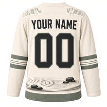 Load image into Gallery viewer, Bonsai Zen Garden Original Hockey Jersey in Rice Paper Cream, back view with your name and number – ripple-pattern yoke and raked-sand sleeve stripes
