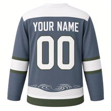 Load image into Gallery viewer, Bonsai Zen Garden Original Hockey Jersey in Stone Slate, back view with your name and number – ripple-pattern yoke and raked-sand sleeve stripes