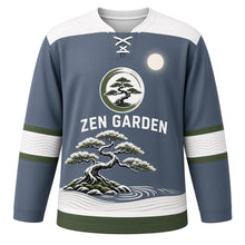 Load image into Gallery viewer, Bonsai Zen Garden Original Hockey Jersey in Stone Slate, front view – elegant bonsai tree in a calm raked-sand zen garden with enso bonsai crest, custom name and number