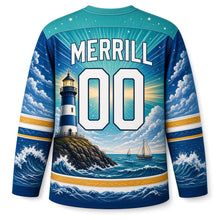 Load image into Gallery viewer, Boston Lighthouse Beacon Original Hockey Jersey in Coastal Blue, back view with your name and number beside a striped lighthouse and sailboat