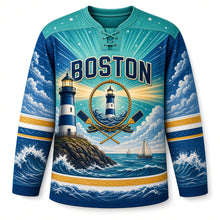 Load image into Gallery viewer, Boston Lighthouse Beacon Original Hockey Jersey in Coastal Blue, front view – custom name and number