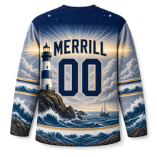 Load image into Gallery viewer, Boston Lighthouse Beacon Original Hockey Jersey in Foghorn Gray, back view with your name and number over a granite point and stormy sea