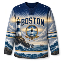 Load image into Gallery viewer, Boston Lighthouse Beacon Original Hockey Jersey in Foghorn Gray, front view – custom name and number