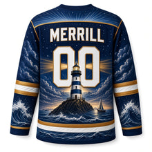 Load image into Gallery viewer, Boston Lighthouse Beacon Original Hockey Jersey in Night Watch Navy, back view with your name and number around a lighthouse on a starlit night sea