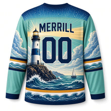 Load image into Gallery viewer, Boston Lighthouse Beacon Original Hockey Jersey in Seafoam, back view with your name and number under golden lighthouse beams and crashing waves