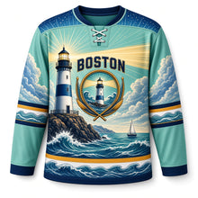 Load image into Gallery viewer, Boston Lighthouse Beacon Original Hockey Jersey in Seafoam, front view – custom name and number