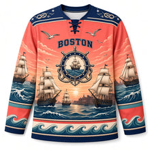 Load image into Gallery viewer, Boston Tall Ships Harbor Original Hockey Jersey in Sunset Coral, front view – custom name and number