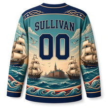 Load image into Gallery viewer, Boston Tall Ships Harbor Original Hockey Jersey in Sea Glass Green, back view with your name and number
