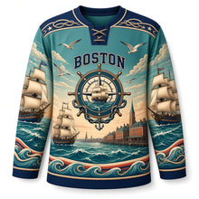 Load image into Gallery viewer, Boston Tall Ships Harbor Original Hockey Jersey in Sea Glass Green, front view – custom name and number