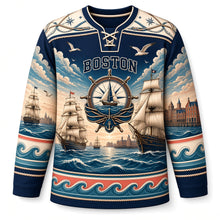 Load image into Gallery viewer, Boston Tall Ships Harbor Original Hockey Jersey in Harbor Navy, front view – custom name and number