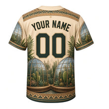Load image into Gallery viewer, Botanical Domes Milwaukee Baseball Jersey in Desert Sand, back view with your name and number – geometric glass-pane sleeve pattern