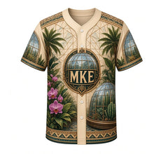 Load image into Gallery viewer, Botanical Domes Milwaukee Baseball Jersey in Desert Sand, front view – three glass conservatory domes with tropical and desert plants, custom name and number