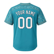 Load image into Gallery viewer, Botanical Domes Milwaukee Baseball Jersey in Glasshouse Aqua, back view with your name and number – geometric glass-pane sleeve pattern