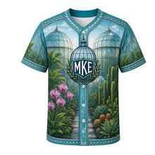 Load image into Gallery viewer, Botanical Domes Milwaukee Baseball Jersey in Glasshouse Aqua, front view – three glass conservatory domes with tropical and desert plants, custom name and number