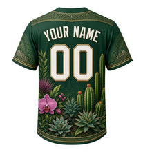 Load image into Gallery viewer, Botanical Domes Milwaukee Baseball Jersey in Jungle Green, back view with your name and number – geometric glass-pane sleeve pattern