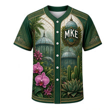 Load image into Gallery viewer, Botanical Domes Milwaukee Baseball Jersey in Jungle Green, front view – three glass conservatory domes with tropical and desert plants, custom name and number