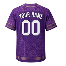 Load image into Gallery viewer, Botanical Domes Milwaukee Baseball Jersey in Orchid Purple, back view with your name and number – geometric glass-pane sleeve pattern