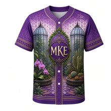 Load image into Gallery viewer, Botanical Domes Milwaukee Baseball Jersey in Orchid Purple, front view – three glass conservatory domes with tropical and desert plants, custom name and number