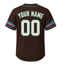 Load image into Gallery viewer, Brady Street Murals Milwaukee Baseball Jersey in Espresso Brown, back view with your name and number – paint-splash stripe sleeves