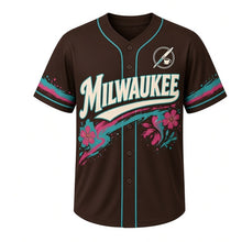 Load image into Gallery viewer, Brady Street Murals Milwaukee Baseball Jersey in Espresso Brown, front view – mural swirl band and paintbrush-cup crest, custom name and number