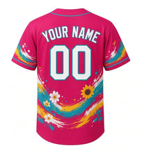 Load image into Gallery viewer, Brady Street Murals Milwaukee Baseball Jersey in Mural Magenta, back view with your name and number – paint-splash stripe sleeves