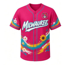 Load image into Gallery viewer, Brady Street Murals Milwaukee Baseball Jersey in Mural Magenta, front view – mural swirl band and paintbrush-cup crest, custom name and number