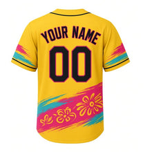 Load image into Gallery viewer, Brady Street Murals Milwaukee Baseball Jersey in Sunflower Yellow, back view with your name and number – paint-splash stripe sleeves