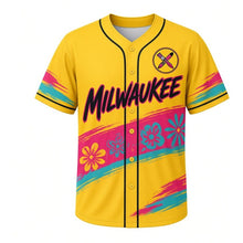 Load image into Gallery viewer, Brady Street Murals Milwaukee Baseball Jersey in Sunflower Yellow, front view – mural swirl band and paintbrush-cup crest, custom name and number