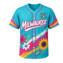 Load image into Gallery viewer, Brady Street Murals Milwaukee Baseball Jersey in Spray Paint Turquoise, front view – mural swirl band and paintbrush-cup crest, custom name and number