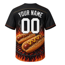 Load image into Gallery viewer, Brat Fry Friday Milwaukee Baseball Jersey in Charcoal Grill Black, back view with your name and number – grill-grate sleeves and flame-striped hem