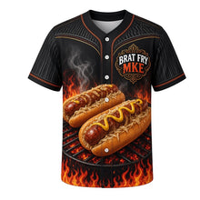 Load image into Gallery viewer, Brat Fry Friday Milwaukee Baseball Jersey in Charcoal Grill Black, front view – sizzling brats, onions and sauerkraut grill art, custom name and number