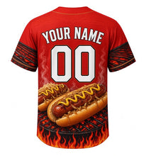 Load image into Gallery viewer, Brat Fry Friday Milwaukee Baseball Jersey in Grill Flame Red, back view with your name and number – grill-grate sleeves and flame-striped hem