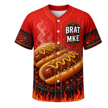 Load image into Gallery viewer, Brat Fry Friday Milwaukee Baseball Jersey in Grill Flame Red, front view – sizzling brats, onions and sauerkraut grill art, custom name and number