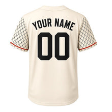 Load image into Gallery viewer, Brat Fry Friday Milwaukee Baseball Jersey in Sauerkraut Cream, back view with your name and number – grill-grate sleeves and flame-striped hem
