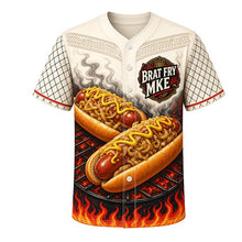 Load image into Gallery viewer, Brat Fry Friday Milwaukee Baseball Jersey in Sauerkraut Cream, front view – sizzling brats, onions and sauerkraut grill art, custom name and number