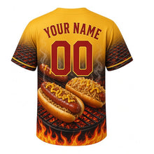 Load image into Gallery viewer, Brat Fry Friday Milwaukee Baseball Jersey in Spicy Mustard Yellow, back view with your name and number – grill-grate sleeves and flame-striped hem