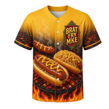 Load image into Gallery viewer, Brat Fry Friday Milwaukee Baseball Jersey in Spicy Mustard Yellow, front view – sizzling brats, onions and sauerkraut grill art, custom name and number