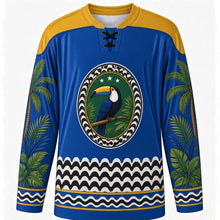 Load image into Gallery viewer, Brazilian Republic Day Original Hockey Jersey in Royal Blue, front view with themed artwork and clean crest