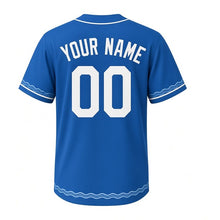 Load image into Gallery viewer, Breakwater Waves Milwaukee Baseball Jersey in Lake Michigan Blue, back view with your name and number – custom block name and number with wave-pattern sleeves