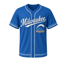 Load image into Gallery viewer, Breakwater Waves Milwaukee Baseball Jersey in Lake Michigan Blue, front view – Lake Michigan wave crashing over stone breakwater graphic, custom name and number